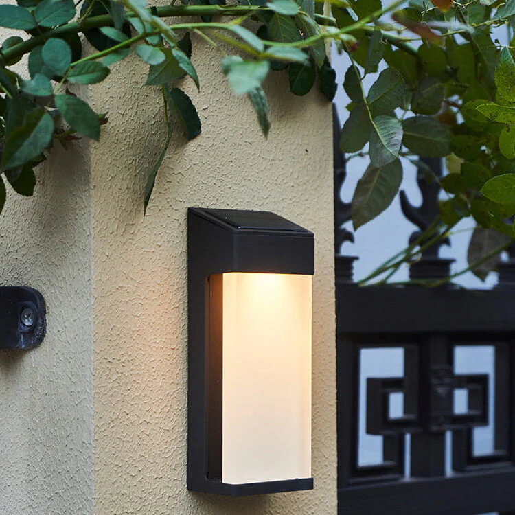 Solar Outdoor Wall Lamp Black Metal Rectangular Glass Shade - Image 2