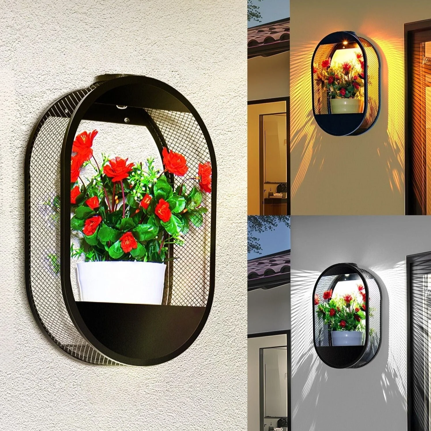 Solar Outdoor Wall Lantern With Integrated Flower Pot And Light Sensor
