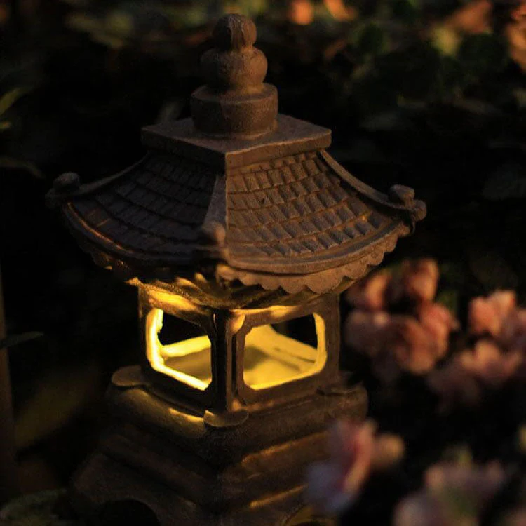 Solar Powered Pagoda Shape Resin Garden Light in Stone Finish - Image 2