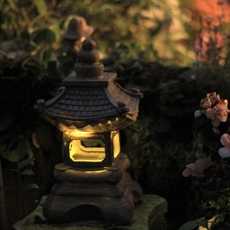 Solar Powered Pagoda Shape Resin Garden Light in Stone Finish - Image 3