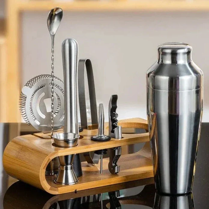 Stainless Steel Cocktail Shaker Set With Bamboo Stand - Image 7