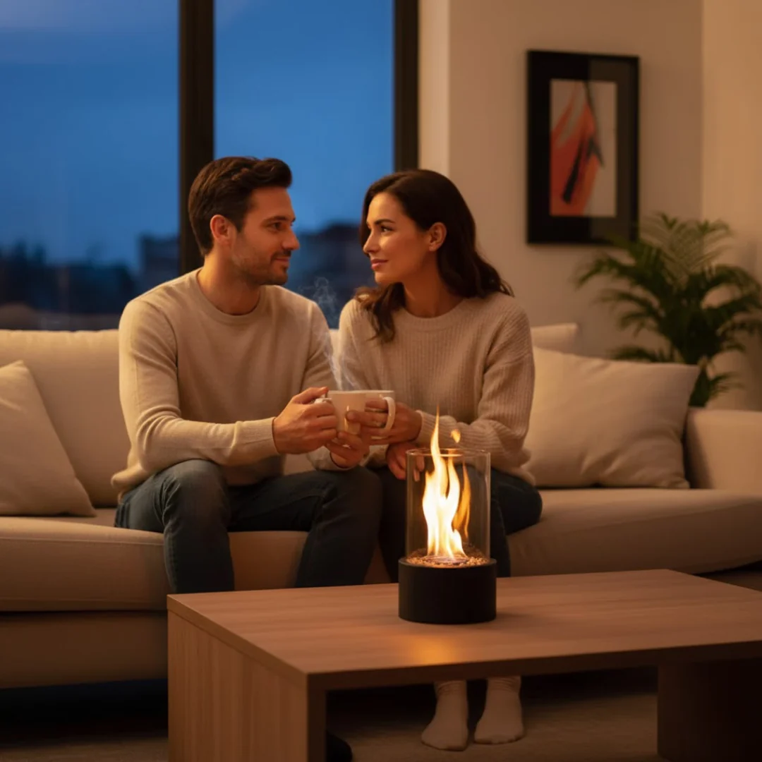 Tabletop Bio ethanol Fireplace with Glass Cylinder and Metal Base - Image 2