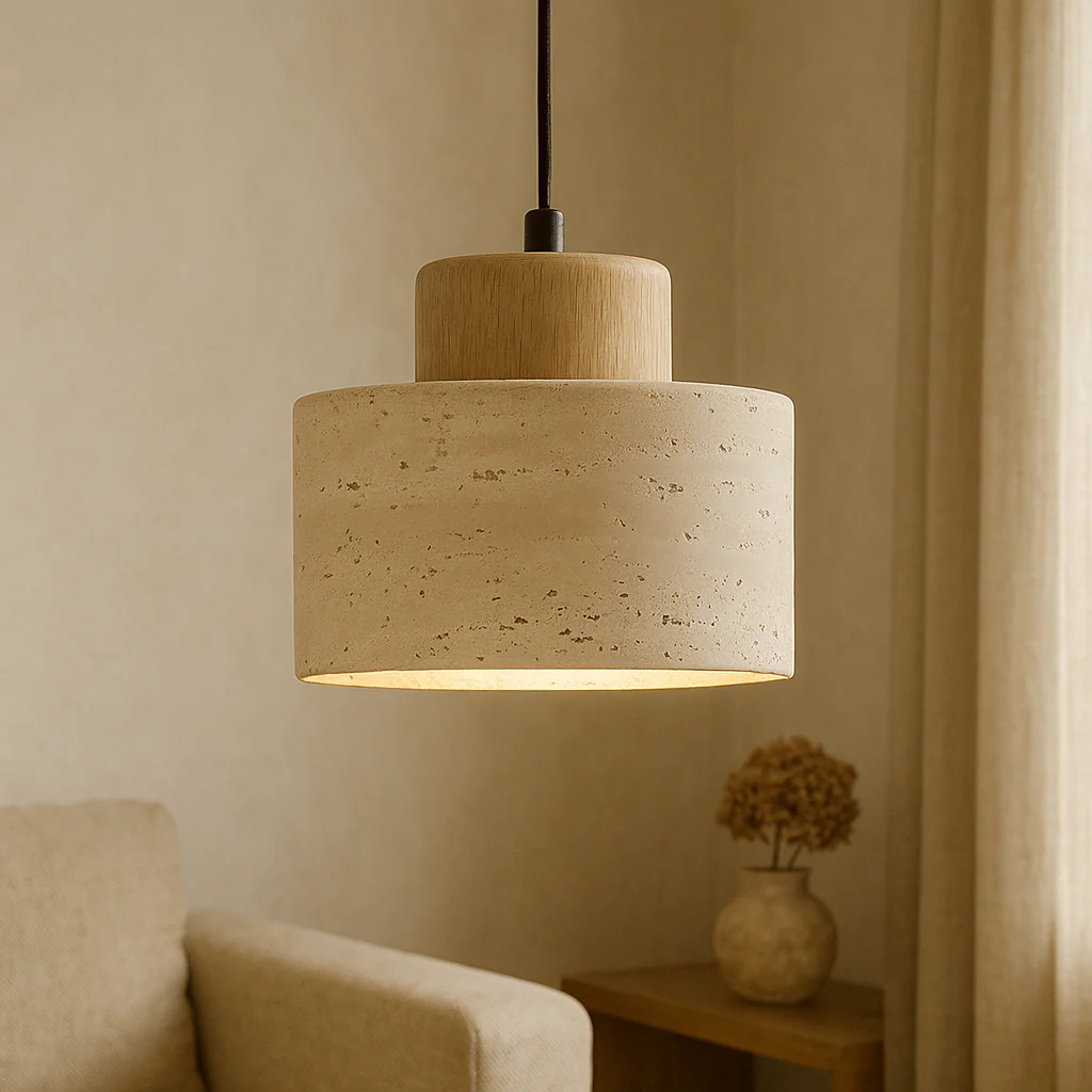 Travertine stone pendant light with cylindrical shade - Image 3