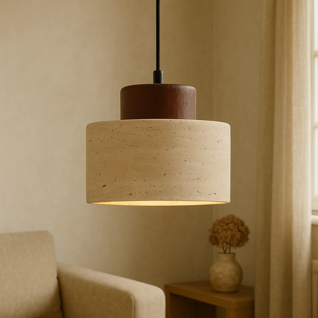 Travertine stone pendant light with cylindrical shade - Image 4