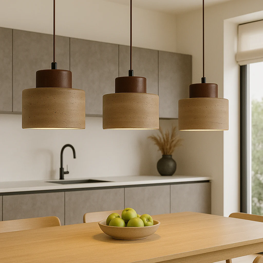 Travertine stone pendant light with cylindrical shade - Image 5