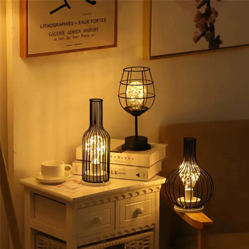 Wireless Table Lamps With Black Metal Cage Shades - Image 4