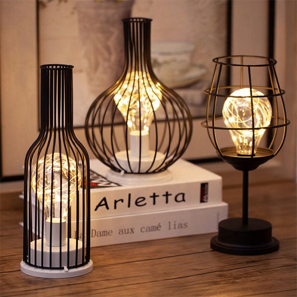 Wireless Table Lamps With Black Metal Cage Shades - Image 5