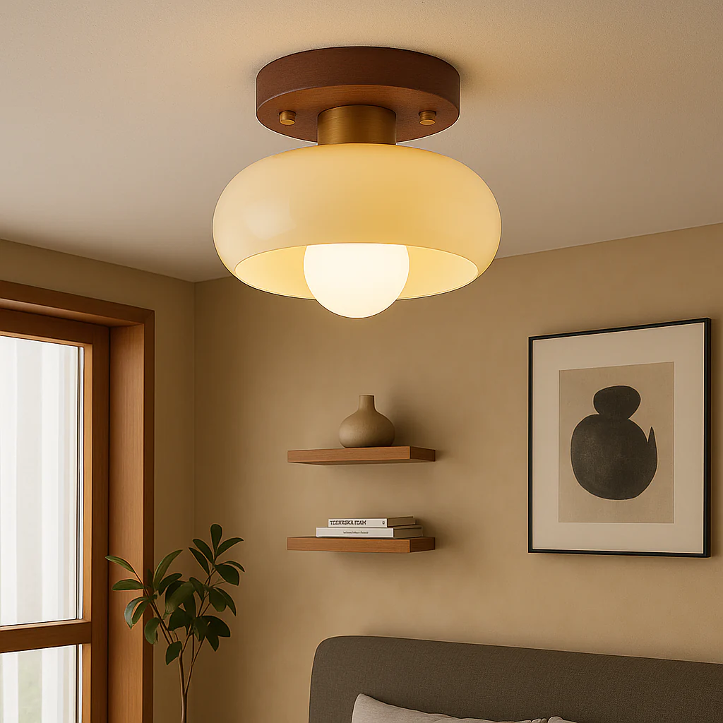 Wood & Cream Glass Flush Mount Ceiling Light - Image 2