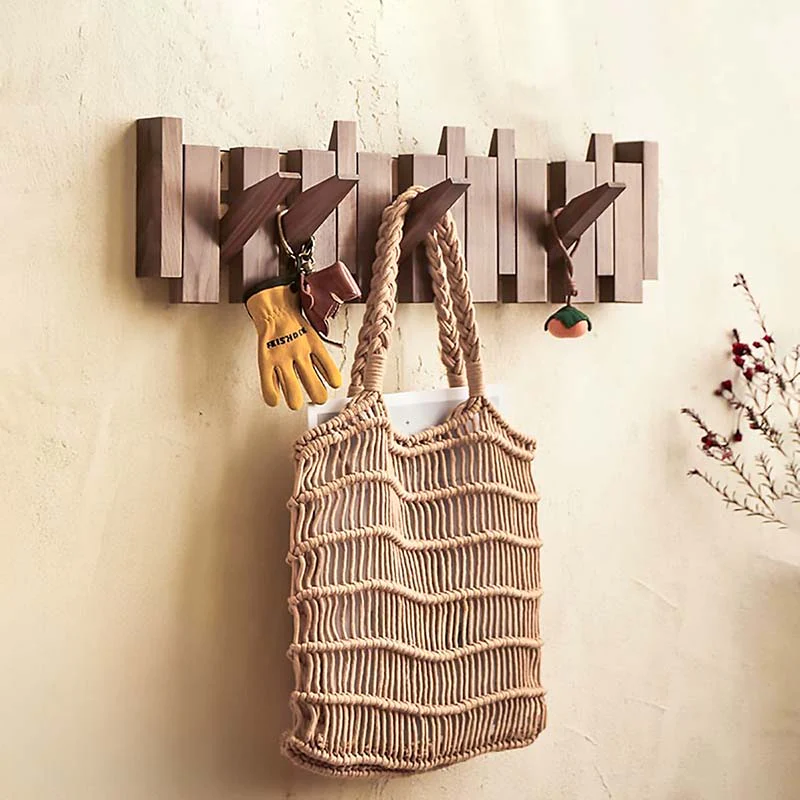 Wood Wall Hook Rack With Foldable Hooks Natural Finish