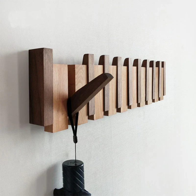 Wood Wall Hook Rack With Foldable Hooks Natural Finish - Image 4