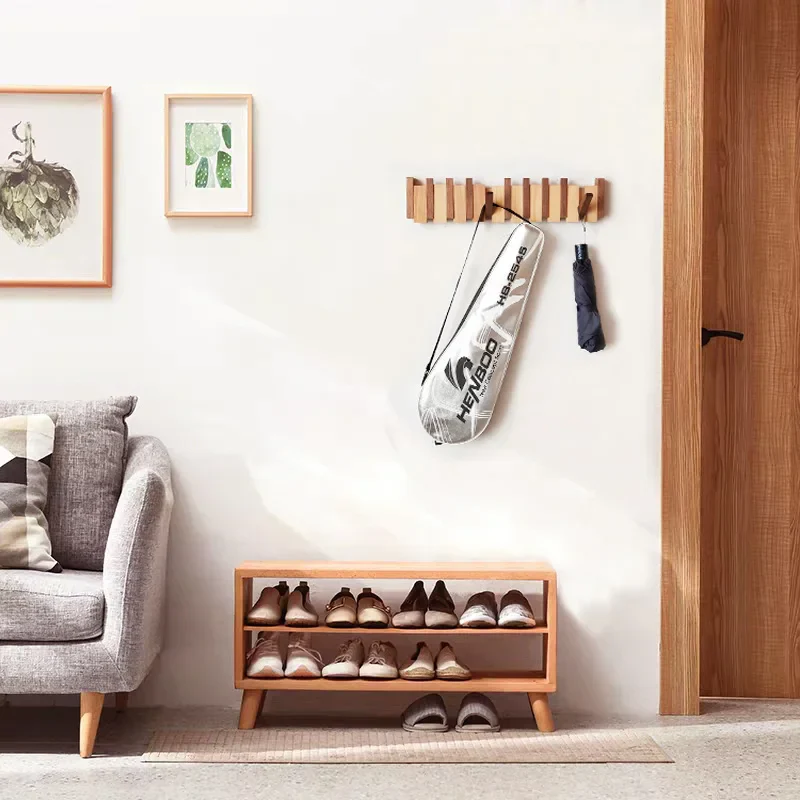 Wood Wall Hook Rack With Foldable Hooks Natural Finish - Image 5