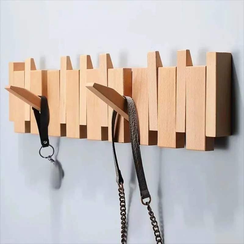 Wood Wall Hook Rack With Foldable Hooks Natural Finish - Image 6