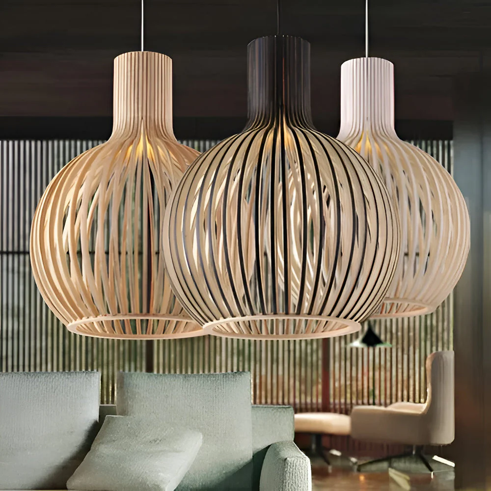 Wooden pendant light with cage shaped shade - Image 3